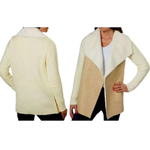 Fever Women's Beige/Tan Cascade Collar Faux Suede Sherpa Knit Jacket Small NWT - Picture 1 of 11